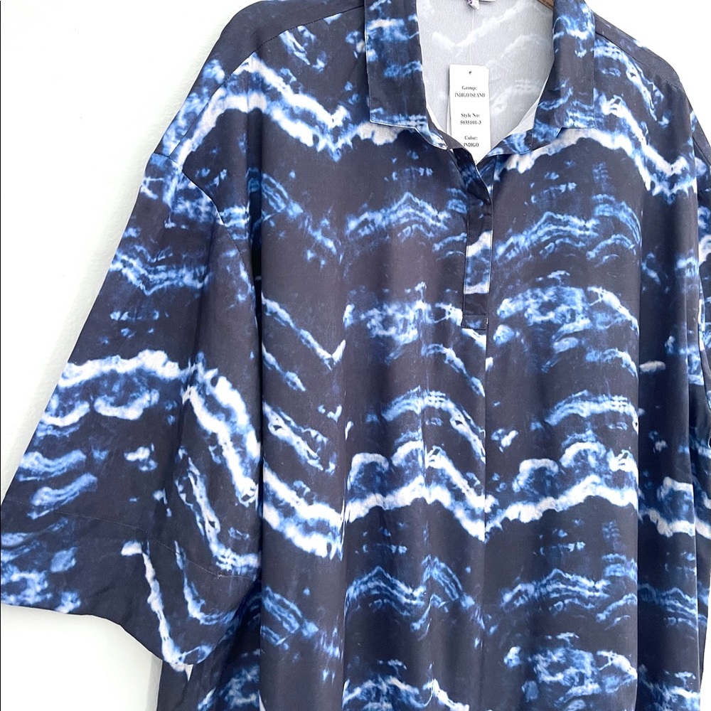 $78 1X 3X Wavy Tie Dye Indigo Blue White POPOVER Embroidered Tunic Top Blouse